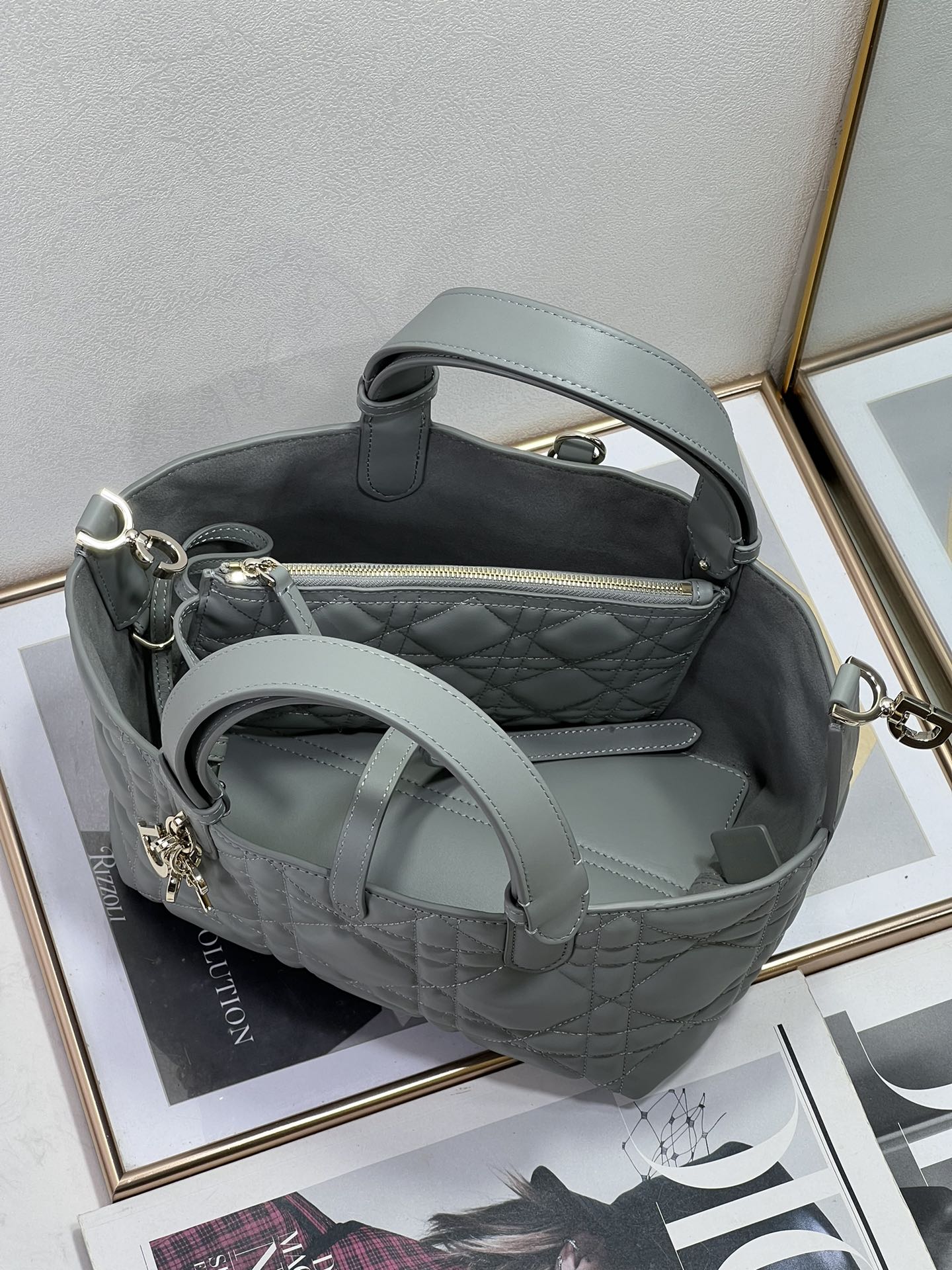 Small Dior Toujours Bag Gray Macrocannage Calfskin